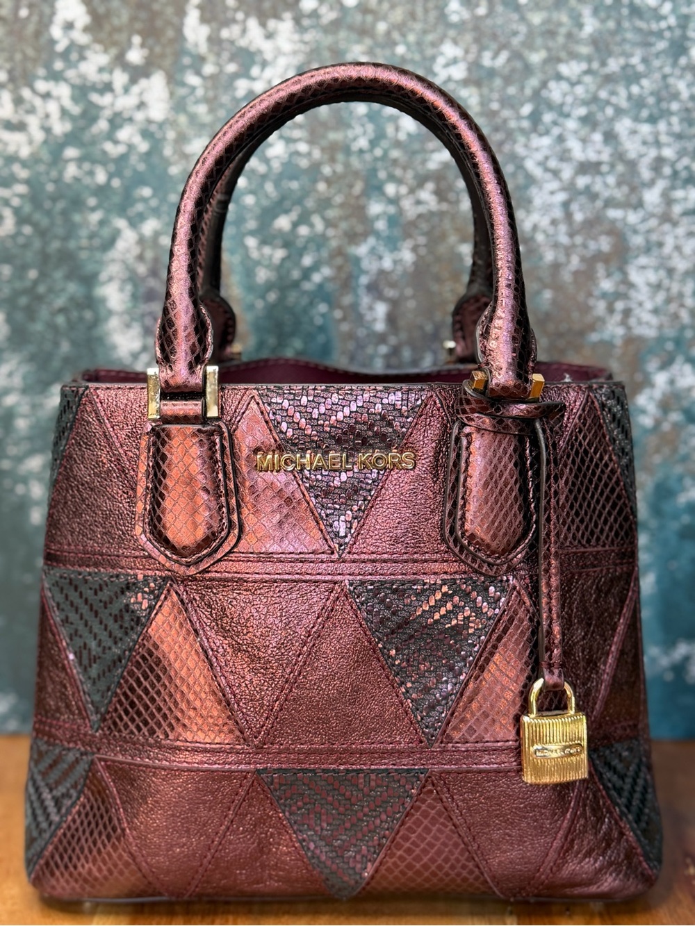 Michael Kors Metallic Burgundy/Tan Geometric Patchwork Crossbody Bag